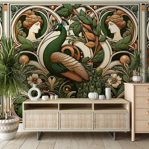 Art Nouveau Peacock Wallpaper | Classical Portrait & Botanical Mural with Luxury Gold Details - vibrant peacock centerpiece with ornate floral motif and gold accents