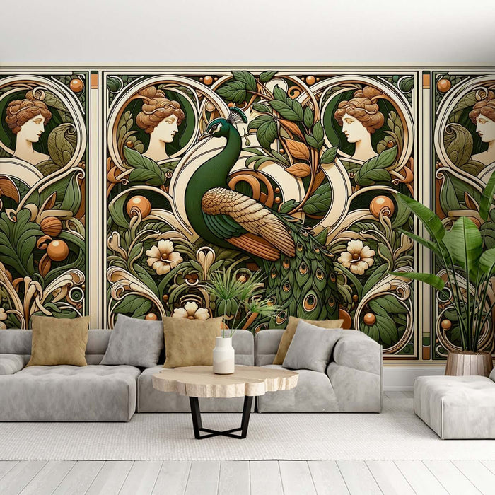 Art Nouveau Peacock Wallpaper | Classical Portrait & Botanical Mural with Luxury Gold Details - ornate peacock mural with botanical motifs and classical figures