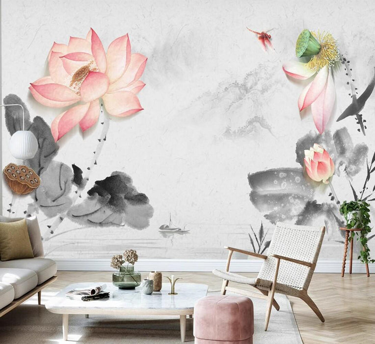 Artistic Ink Lotus & Dragonfly Wallpaper Mural | Tranquil Asian Elegance