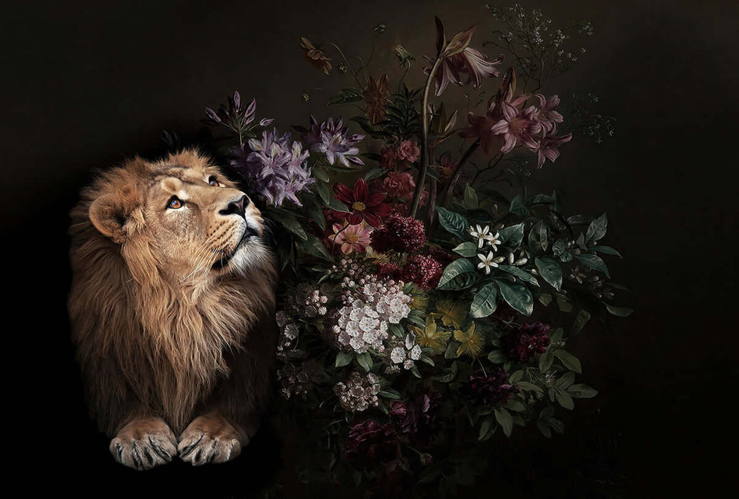 Artistic Lion Flower Wallpaper Mural | Lion+Blooming Flowers