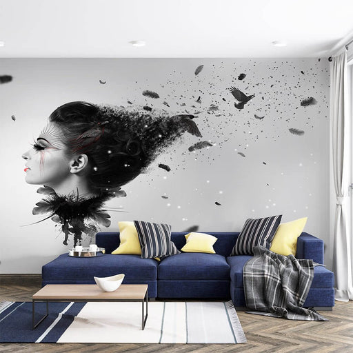 Artistic Portrait Feather Wallpaper Mural | Black and White Tone, modern living room wall art featuring a monochrome portrait with feathers and birds in flight
