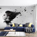 Artistic Portrait Feather Wallpaper Mural | Black and White Tone, modern living room wall art featuring a monochrome portrait with feathers and birds in flight