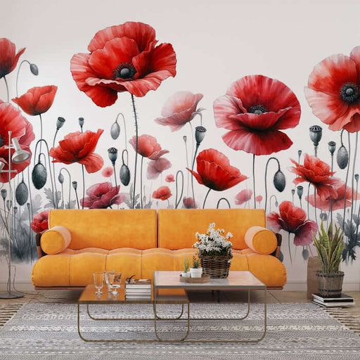 Artistic Red Poppy Wallpaper - Watercolor Floral Design for Living Room & Bedroom
