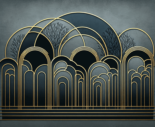 Artistic style wallpaper mural | golden arches and tree silhouettes on a blue background - Carving wallpaper