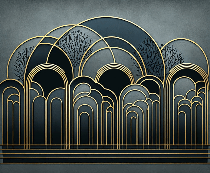 Artistic style wallpaper mural | golden arches and tree silhouettes on a blue background - Carving wallpaper