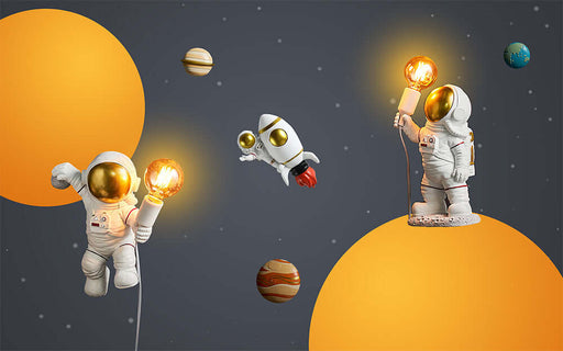 Astronaut Space Lamp Wallpaper Mural | Children's Room Decoration Painting - Interstellar Illumination Dream with astronauts and space lamps in a playful sci-fi space scene