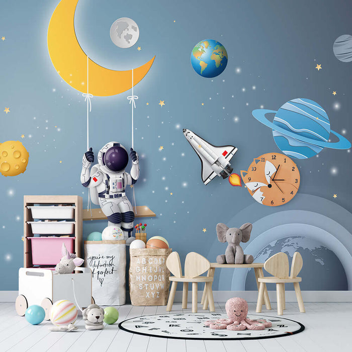Astronaut Space Swing Children's Wallpaper | Children's Room Bedroom with space-themed decor featuring astronaut, moon, planets and rocket, ideal for kids' rooms