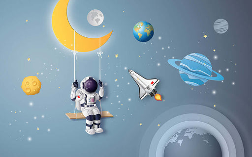 Astronaut Space Swing Children's Wallpaper | Children's Room Bedroom - Astronaut swing with moon and planets, space-themed wallpaper for kids' room
