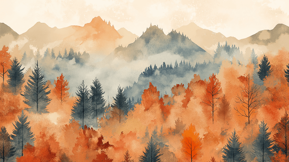 Autumn forest wallpaper mural | Mountain scenery and colorful leaves in watercolor