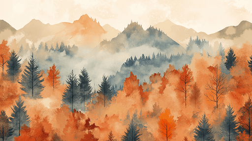 Autumn forest wallpaper mural | Mountain scenery and colorful leaves in watercolor - Carving wallpaper