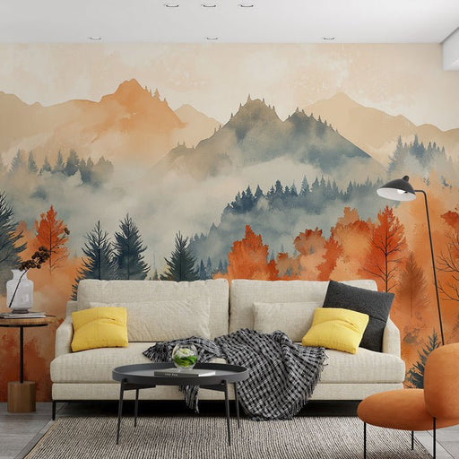 Autumn forest wallpaper mural | Mountain scenery and colorful leaves in watercolor - Carving wallpaper