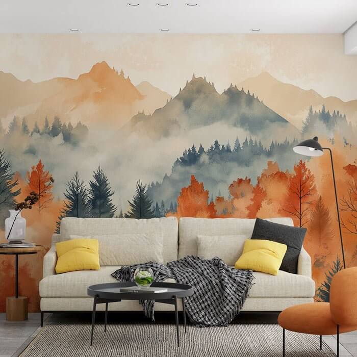 Autumn forest wallpaper mural | Mountain scenery and colorful leaves in watercolor