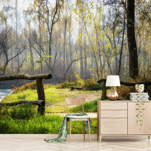 Autumn forest wallpaper mural | Wood meadow filled with morning mist in the forest - Carving wallpaper
