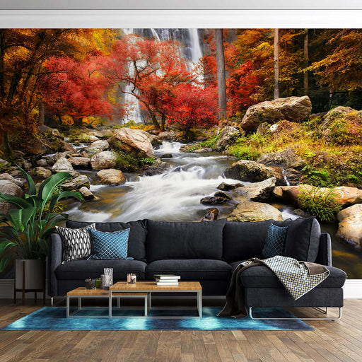 Autumn Forest Waterfall Wallpaper | Red Leaf Landscape Mural