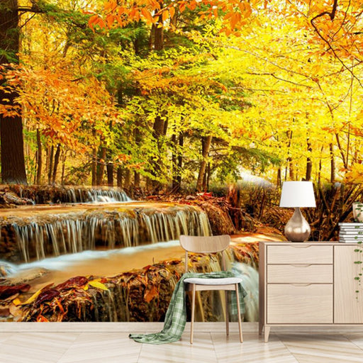 Autumn Leaf Stream landscape wallpaper mural | Autumn forest waterfall golden leaves and water - Carving wallpaper