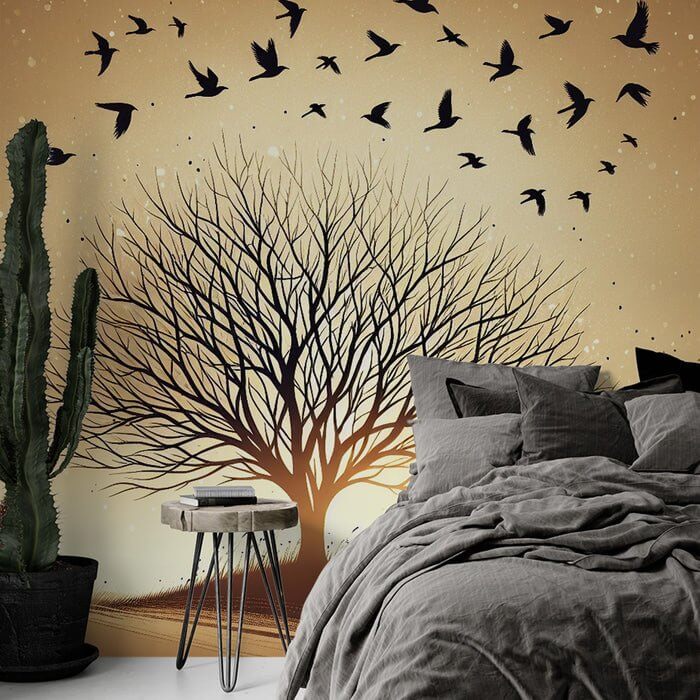 Autumn and Winter Landscape Wallpaper Murals | Dead Trees and Flying Birds - tranquil bedroom mural with bare trees and birds over warm brown tones