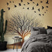 Autumn and Winter Landscape Wallpaper Murals | Dead Trees and Flying Birds - tranquil bedroom mural with bare trees and birds over warm brown tones