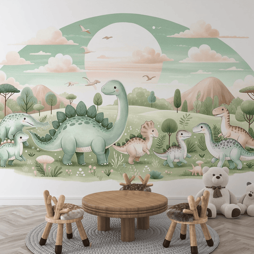 Baby Dinosaur Wallpaper Mural | Cute Green Design - Carving wallpaper