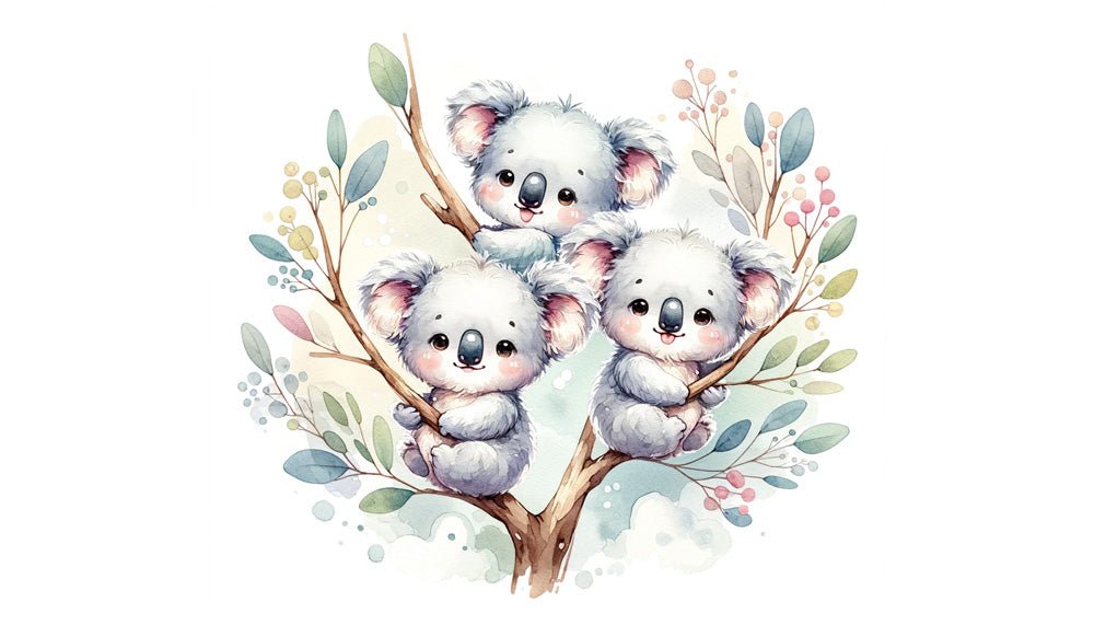 Baby Koala Wallpaper Mural | Watercolor Painting of Three Cute Koala Babies - Carving wallpaper