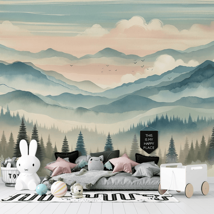 Baby Mountain Wallpaper Colorful Watercolor Painting with Forests and Mountains - Carving wallpaper