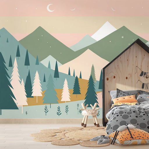 Baby Mountain Wallpaper Mural | Crescent Moon and Forest in the Valley - Carving wallpaper
