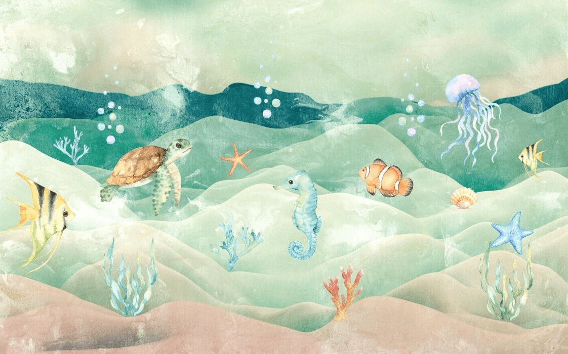 Baby room wall paper fish and seabed - Carving wallpaper