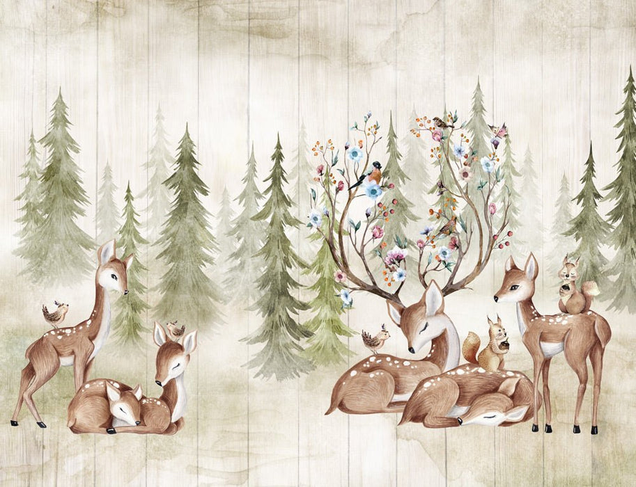 Baby room wallpaper mural | Green fir forest deer and deer - Carving wallpaper