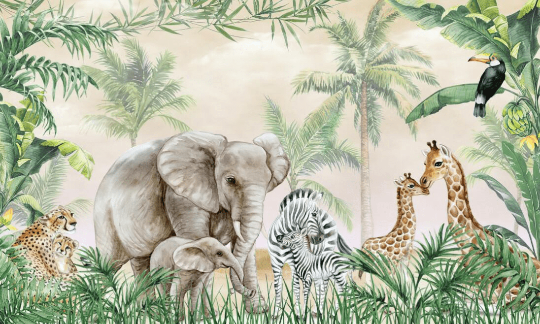Baby room wallpaper mural | Jungle animal family - Carving wallpaper