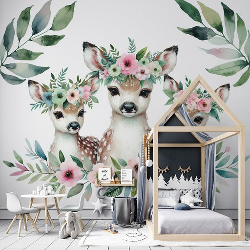 Baby room wallpaper mural | Mother deer with multicolored flowers - Carving wallpaper