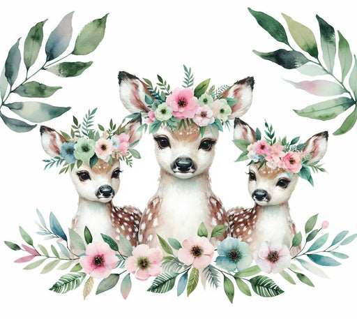 Baby room wallpaper mural | Mother deer with multicolored flowers - Carving wallpaper