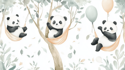 Baby room wallpaper mural | Panda pattern on hammock - Carving wallpaper
