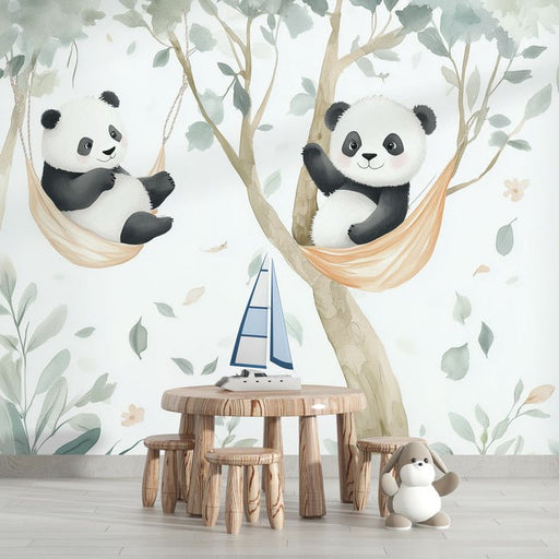 Baby room wallpaper mural | Panda pattern on hammock - Carving wallpaper