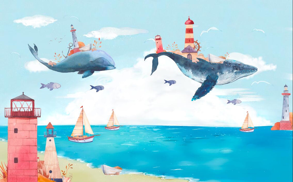 Baby room wallpaper mural | Whales and magical ocean - Carving wallpaper