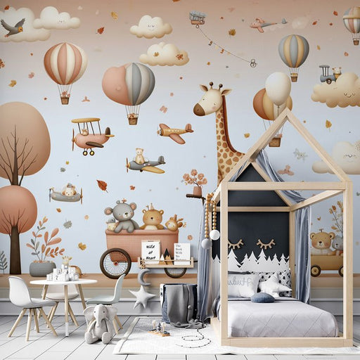 Balloon wallpaper mural | Neutral toned animals, clouds, and tropical grasslands - Carving wallpaper