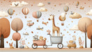 Balloon wallpaper mural | Neutral toned animals, clouds, and tropical grasslands - Carving wallpaper