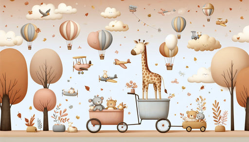 Balloon wallpaper mural | Neutral toned animals, clouds, and tropical grasslands - Carving wallpaper