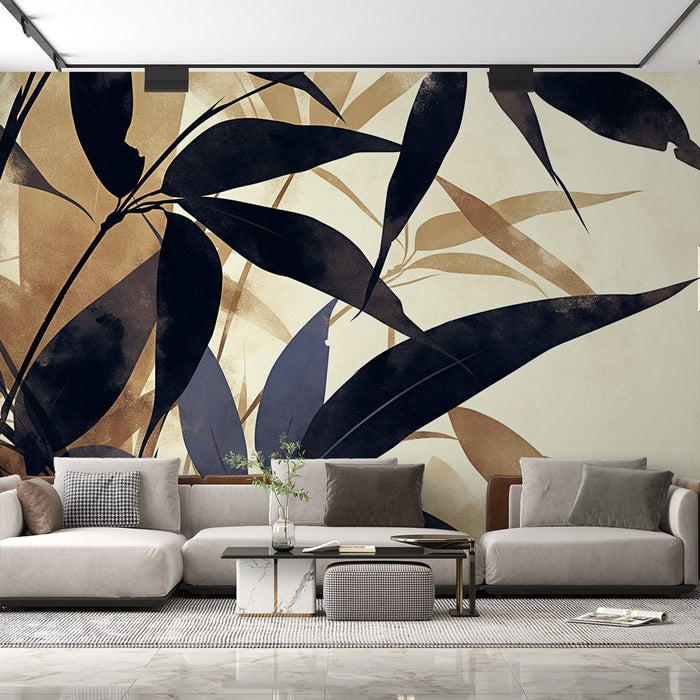 Bamboo leaf wallpaper mural | Ink wash bamboo leaves - Carving wallpaper