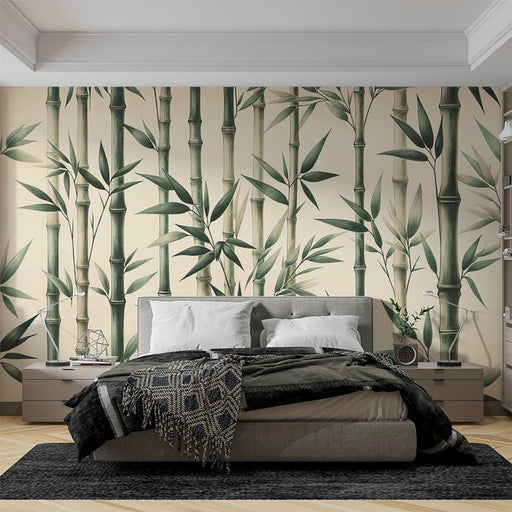 Bamboo wallpaper mural | Emerald bamboo leaves and light green bamboo poles - Carving wallpaper