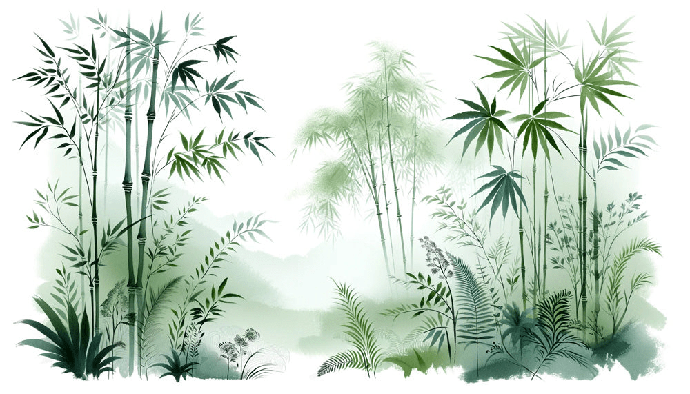 Bamboo wallpaper mural | Green toned watercolor scenery - Carving wallpaper