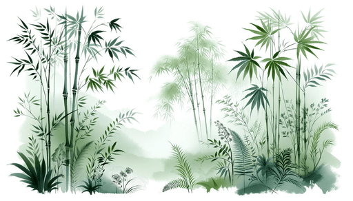 Bamboo wallpaper mural | Green toned watercolor scenery - Carving wallpaper