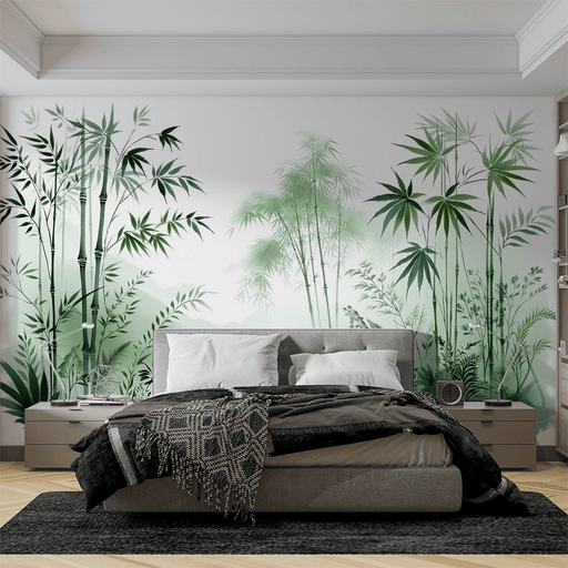 Bamboo wallpaper mural | Green toned watercolor scenery - Carving wallpaper