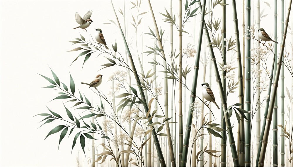 Bamboo Wallpaper Mural | Neutral Bird Tone on White Background - Carving wallpaper
