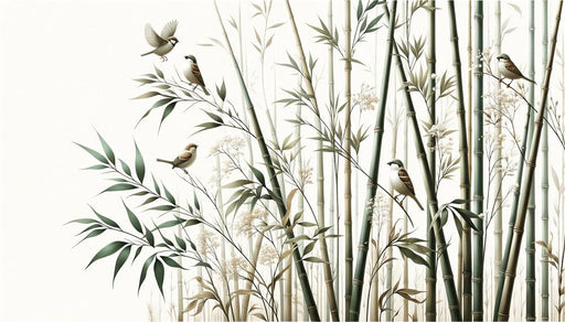 Bamboo Wallpaper Mural | Neutral Bird Tone on White Background - Carving wallpaper