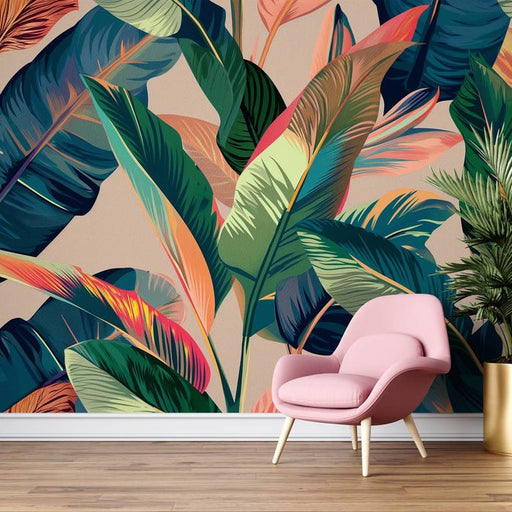 Banana Leaf Wallpaper Mural | Colorful Leaf Clusters - Carving wallpaper