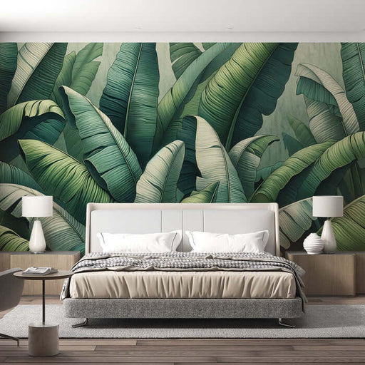 Banana leaf wallpaper mural | Living room bedroom decorative wall showcasing tropical retro rainforest design with large green banana leaves for a natural, luxurious atmosphere