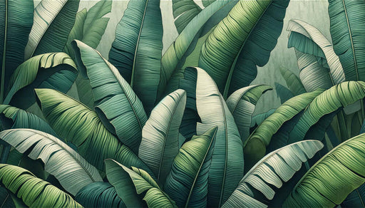 Banana leaf wallpaper mural | Living room bedroom decorative wall featuring retro banana leaves and forest elements in a dark green tone