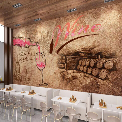 Bar wallpaper mural | Wine themed retro style hand - painted mural - Carving wallpaper