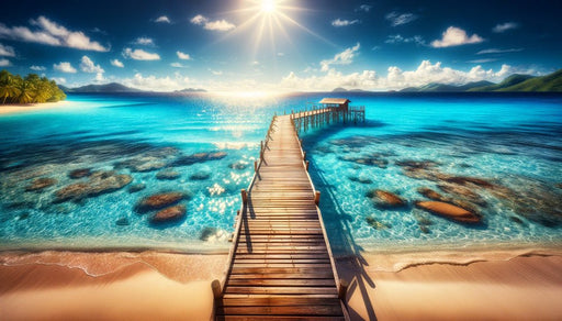 Beach Wallpaper Mural | Wooden Floating Bridge and Fisherman's Cabin - Carving wallpaper