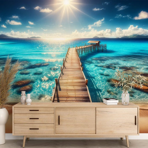 Beach Wallpaper Mural | Wooden Floating Bridge and Fisherman's Cabin - Carving wallpaper