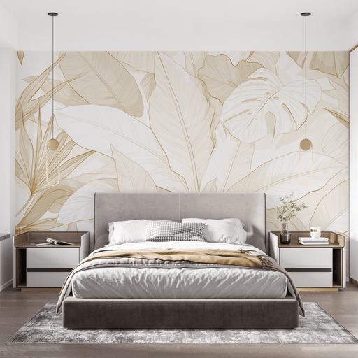 Beige and Bronze Leaf Wallpaper Mural | Panoramic - Carving wallpaper